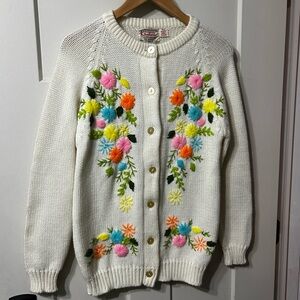 Kimlon Vintage Acrylic White Cardigan with Multicolor Floral Embroidery Sweater